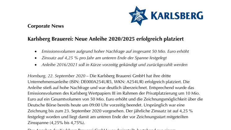 Karlsberg Brauerei: Neue Anleihe 2020/2025 erfolgreich platziert
