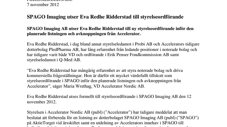 SPAGO Imaging utser Eva Redhe Ridderstad till styrelseordförande