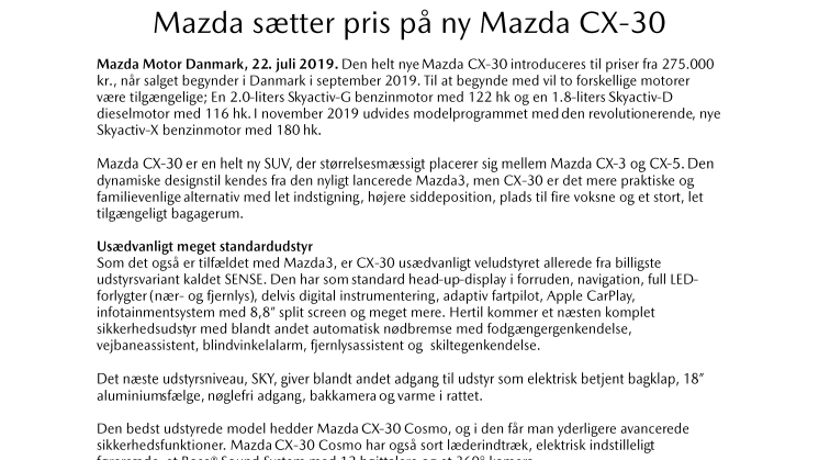 Mazda sætter pris på ny Mazda CX-30