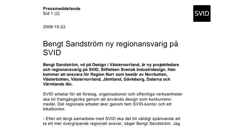 Bengt Sandström ny regionansvarig för SVID 