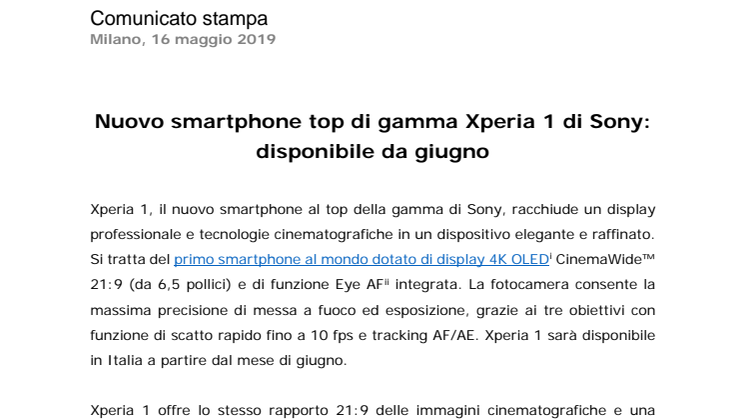 Nuovo smartphone top di gamma Xperia 1 di Sony: disponibile da giugno