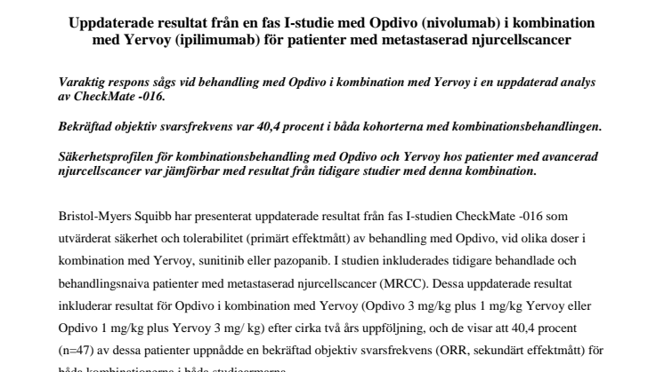 Uppdaterade resultat från en fas I-studie med Opdivo (nivolumab) i kombination med Yervoy (ipilimumab) för patienter med metastaserad njurcellscancer 
