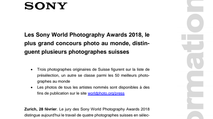 Les Sony World Photography Awards 2018, le plus grand concours photo au monde, distinguent plusieurs photographes suisses