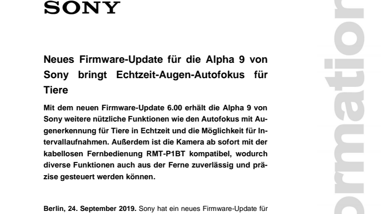 Neues Firmware-Update für die Alpha 9 von Sony bringt Echtzeit-Augen-Autofokus für Tiere