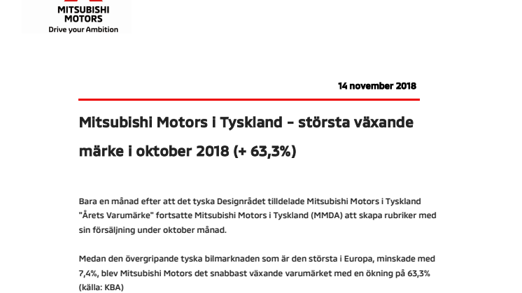 Mitsubishi Motors i Tyskland - störst växande märke i oktober 2018 (+63,3%)