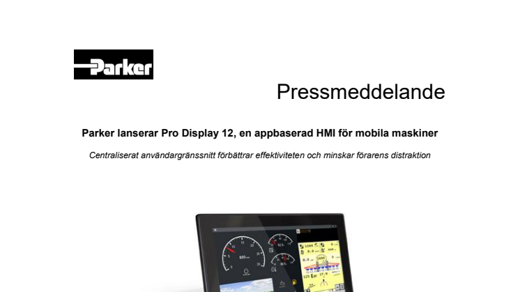 Parker lanserar Pro Display 12, en appbaserad HMI för mobila maskiner