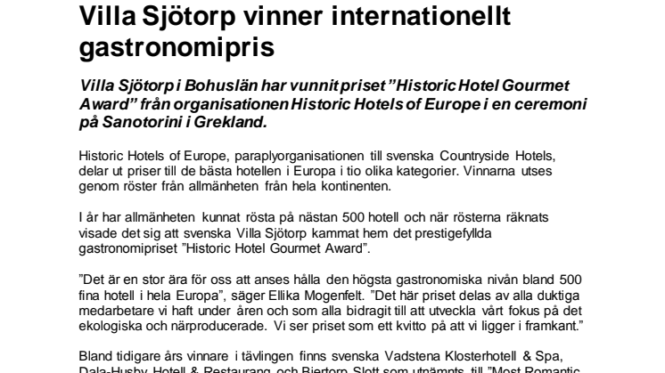 Villa Sjötorp vinner internationellt gastronomipris