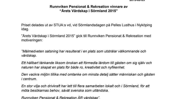 Runnviken Pensionat & Rekreation vinnare av   “Årets Värdskap i Sörmland 2015” 
