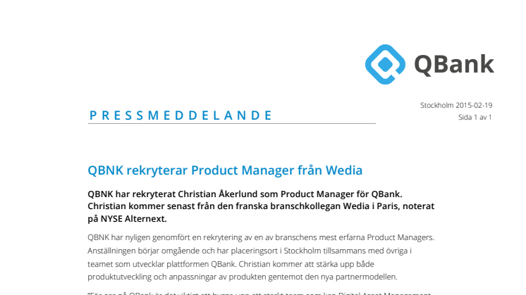 QBNK rekryterar Product Manager från Wedia