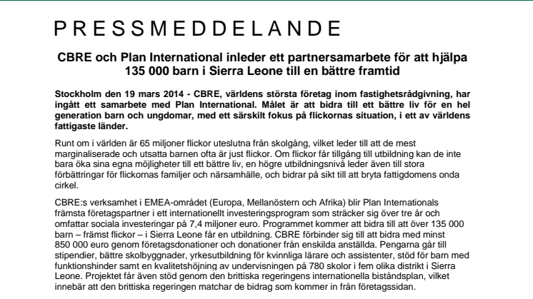 CBRE och Plan International inleder ett partnersamarbete för att hjälpa 135 000 barn i Sierra Leone till en bättre framtid