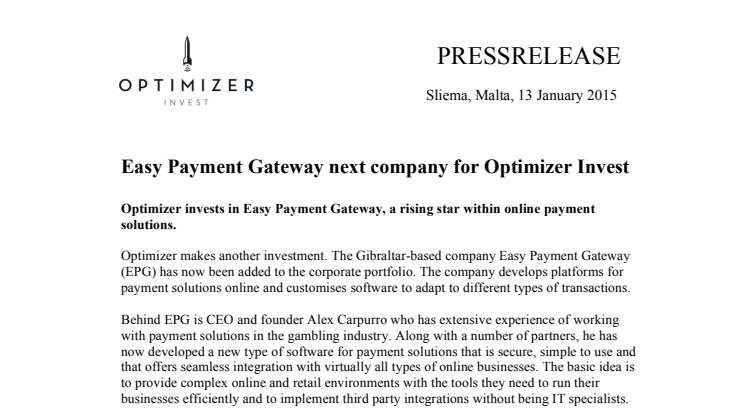 Easy Payment Gateway next company for Optimizer Invest