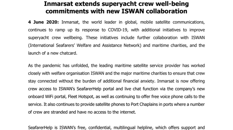 Inmarsat Extends Superyacht Crew Well-Being Commitments with New ISWAN Collaboration
