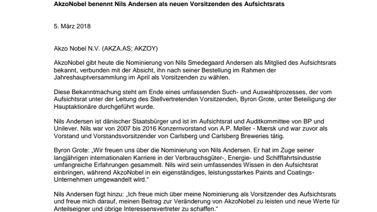 AkzoNobel benennt Nils Andersen als neuen Vorsitzenden des Aufsichtsrats