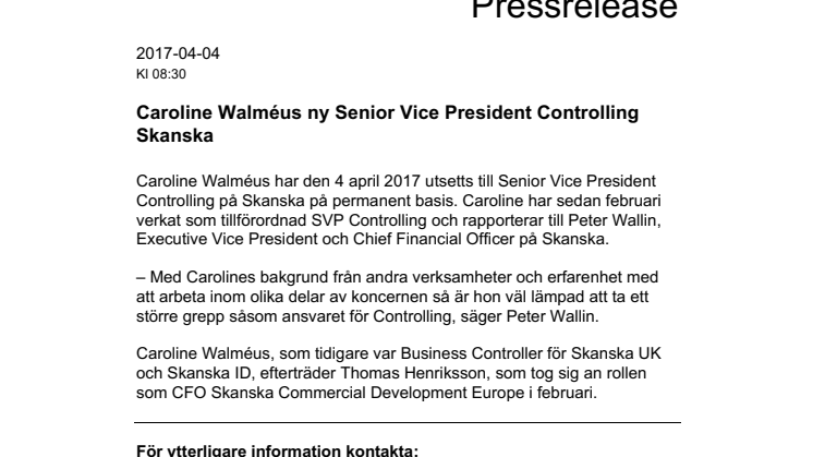 Caroline Walméus ny Senior Vice President Controlling Skanska