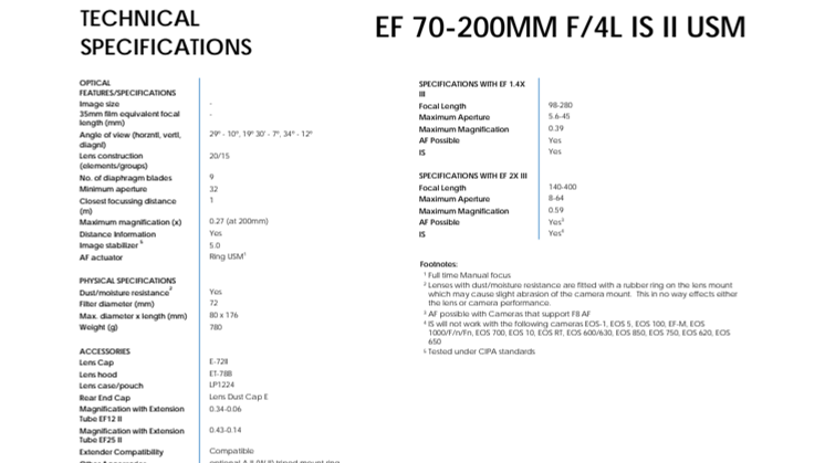 EF 70-200MM F4L IS II USM_PR Spec Sheet