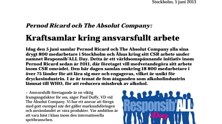 Pernod Ricard och The Absolut Company: Kraftsamlar kring ansvarsfullt arbete