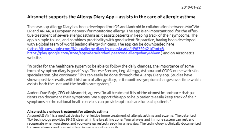 Airsonett supports the Allergy Diary App – assists in the care of allergic asthma