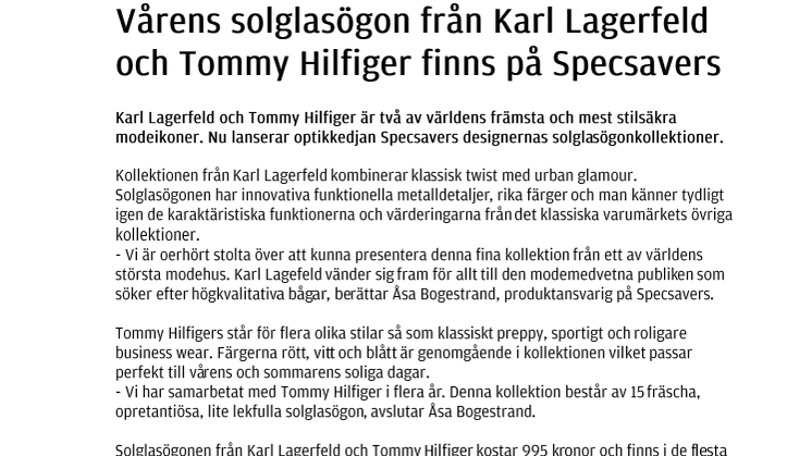 Vårens solglasögon från Karl Lagerfeld och Tommy Hilfiger finns på Specsavers