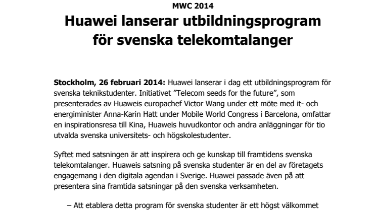 Huawei lanserar utbildningsprogram för svenska telekomtalanger