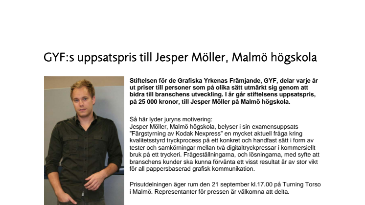 GYF:s uppsatspris till Jesper Möller, Malmö högskola 