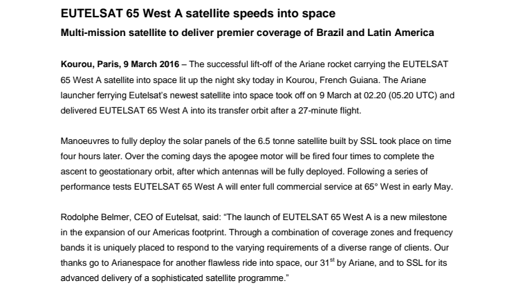 EUTELSAT 65 West A satellite speeds into space 