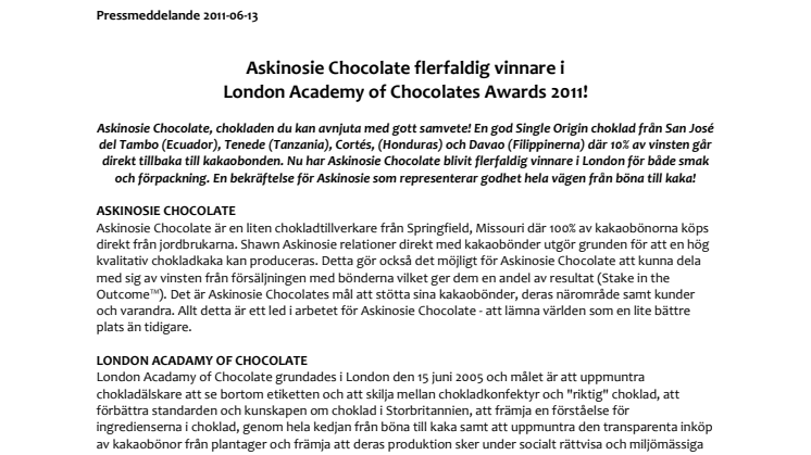 Askinosie Chocolate flerfaldig vinnare i London Acadamy of Chocolate Awards 2011!