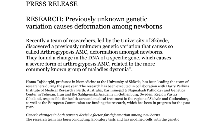 PRESS RELEASE RESEARCH: Previously unknown genetic variation causes deformation among newborns