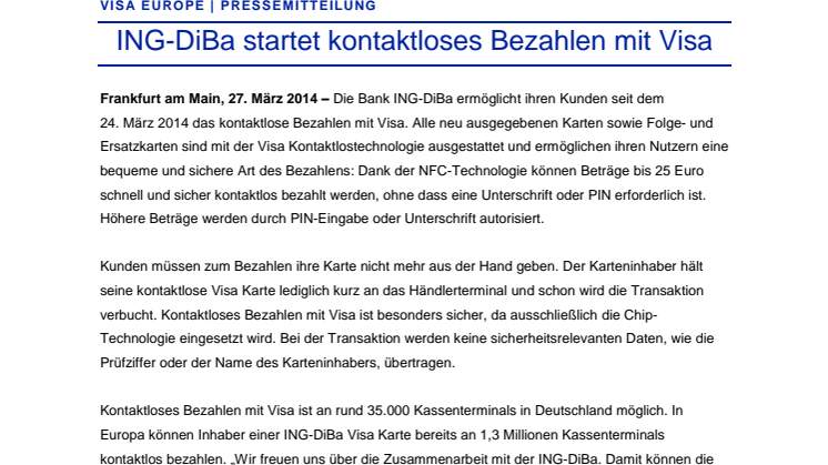 ING-DiBa startet kontaktloses Bezahlen mit Visa