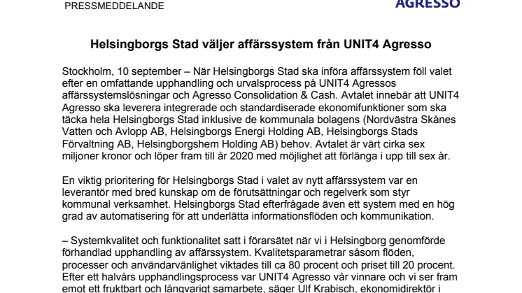 Helsingborgs Stad väljer affärssystem från UNIT4 Agresso