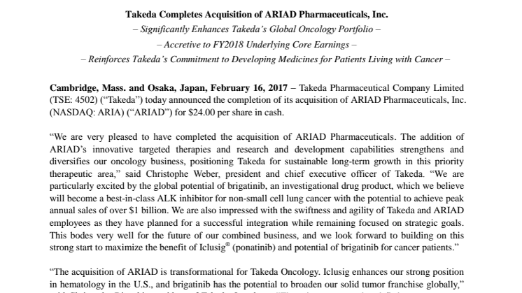 Takeda Completes Acquisition of ARIAD Pharmaceuticals, Inc.