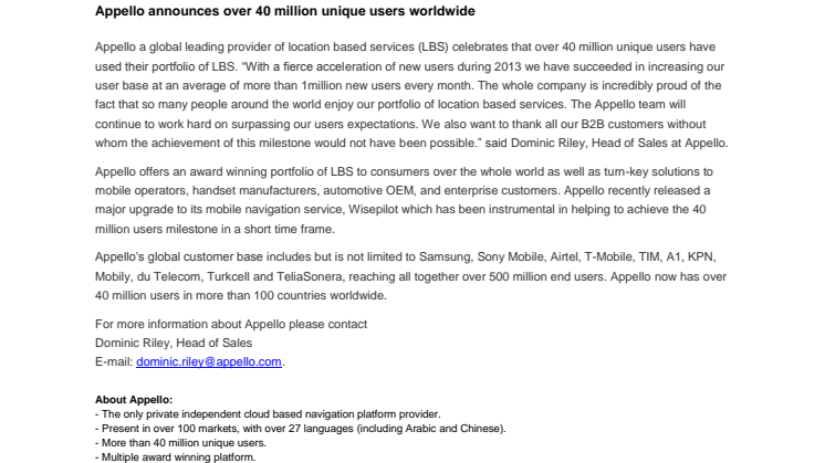 Appello announces over 40 million unique users worldwide