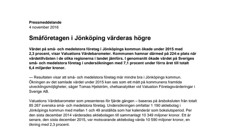 Värdebarometern 2015 Jönköpings kommun