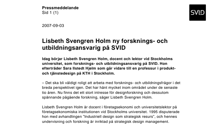 Lisbeth Svengren Holm ny forsknings- och utbildningsansvarig på SVID