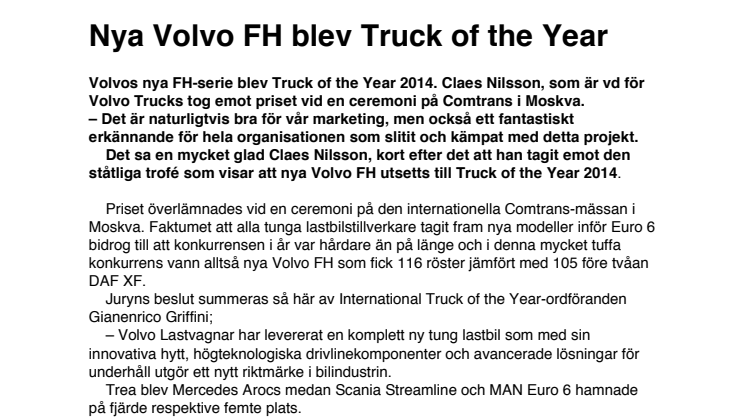 Nya Volvo FH blev Truck of the Year