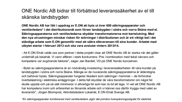 ONE Nordic AB bidrar till förbättrad leveranssäkerhet av el till skånska landsbygden