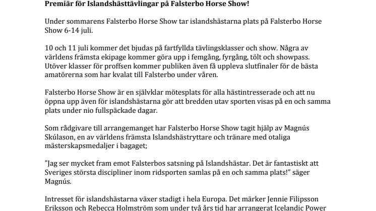 ​Premiär för Islandshästtävlingar på Falsterbo Horse Show!