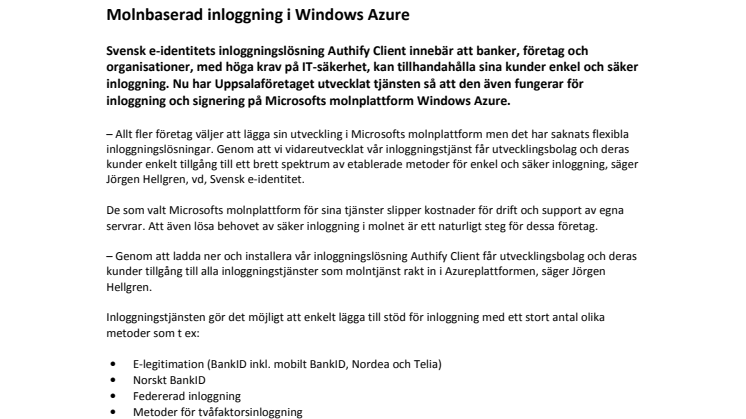 Molnbaserad inloggning i Windows Azure 