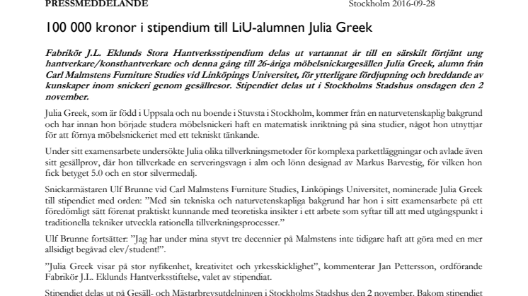 100 000 kronor i stipendium till LiU-alumnen Julia Greek