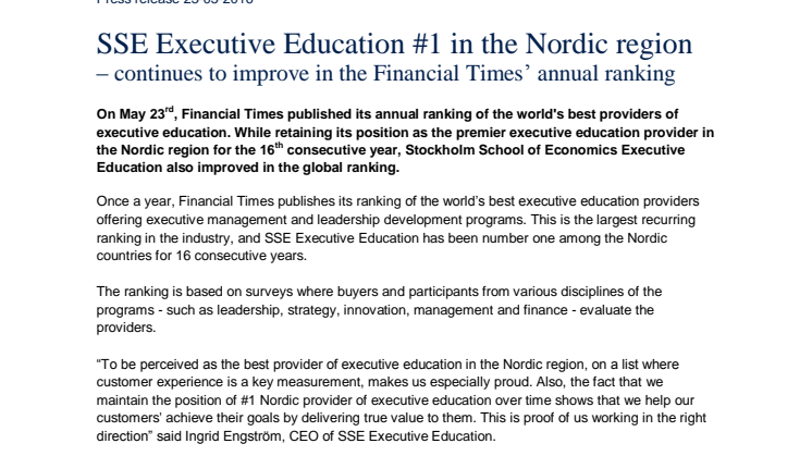 SSE Executive Education #1 in the Nordic region – continues to improve in the Financial Times’ annual ranking 