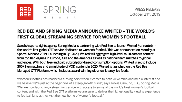 Red Bee and Spring Media Announce Wnited – The World's First Global Streaming Service for Women's Football 