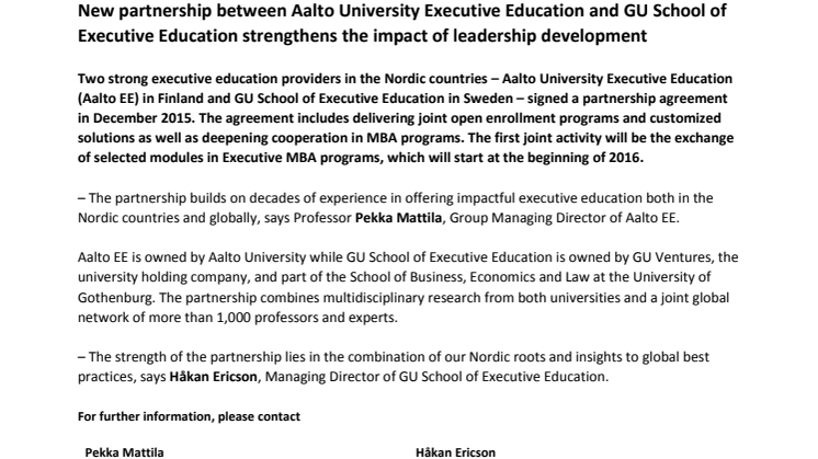 New partnership between Aalto University Executive Education and GU School of Executive Education strengthens the impact of leadership development