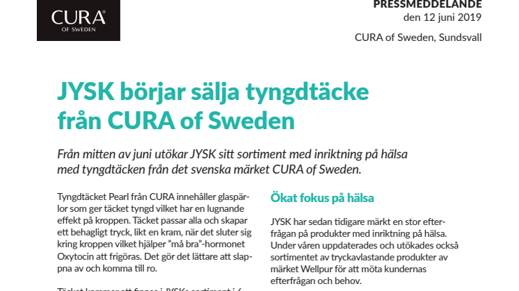 JYSK börjar sälja tyngdtäcke från CURA of Sweden