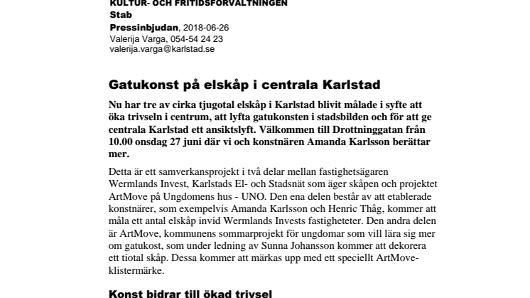 Pressinbjudan: Gatukonst på elskåp i centrala Karlstad