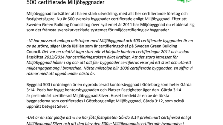 ​500 certifierade Miljöbyggnader