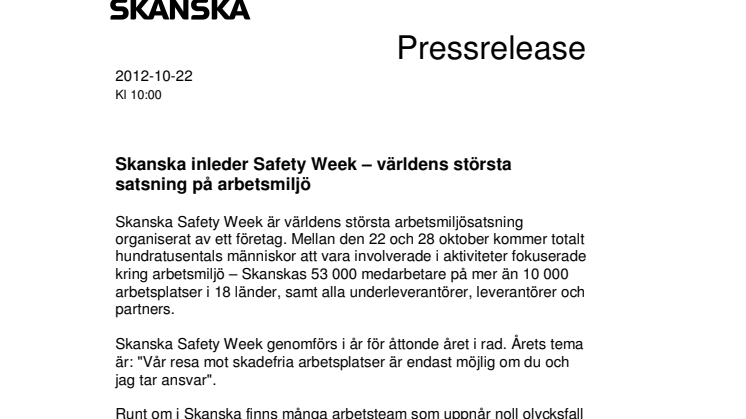 Skanska inleder Safety Week – världens största satsning på arbetsmiljö