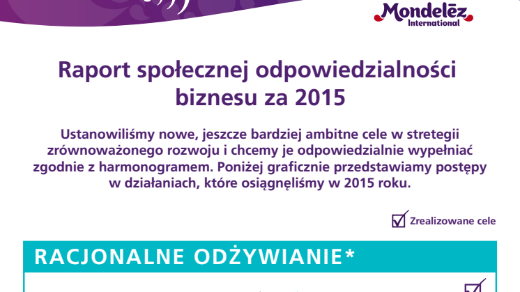 Mondelēz International ogłasza  globalny raport społecznej odpowiedzialności za 2015 rok