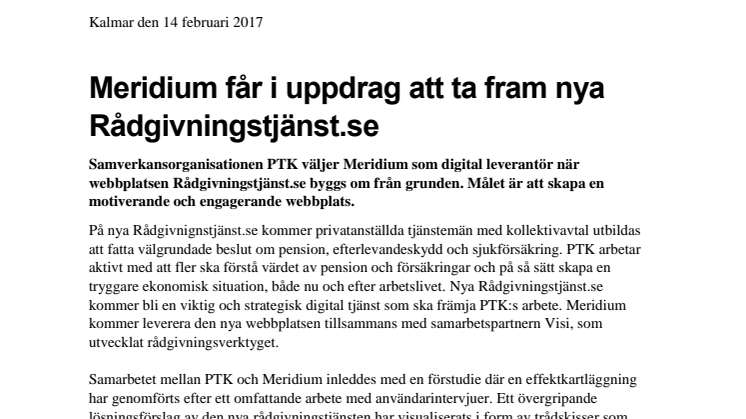 Meridium får i uppdrag att ta fram nya Rådgivningstjänst.se