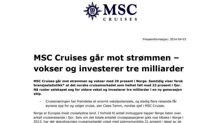 MSC Cruises går mot strømmen – vokser og investerer tre milliarder