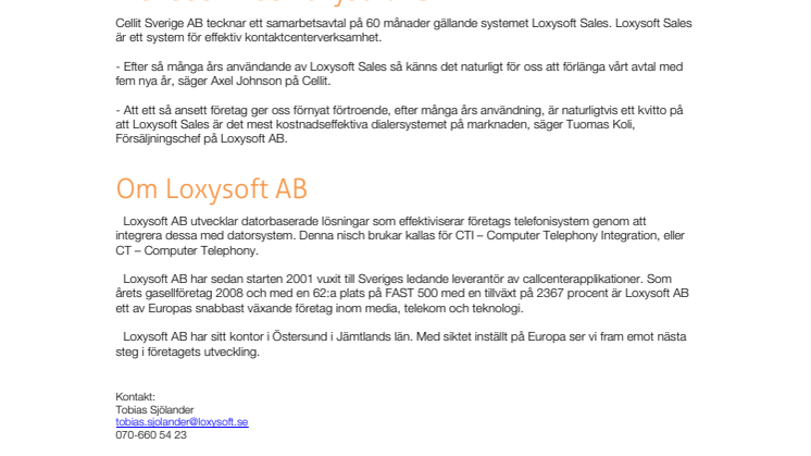Cellit Sverige AB tecknar samarbetsavtal på 60 månader med Loxysoft AB