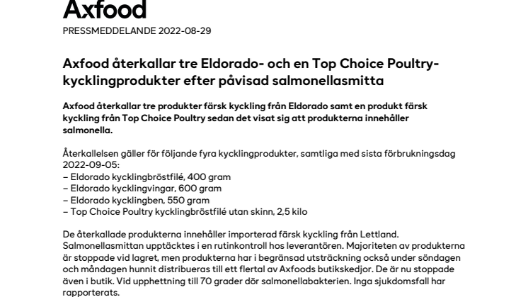 PM_220829_Axfood återkallar 3 Eldorado-och 1 Top Choice Poultry-kycklingprodukter efter påvisad salmonellasmitta